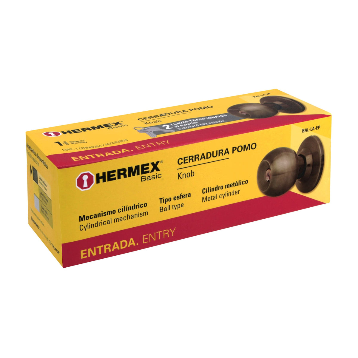 Cerradura pomo, LA, entrada, cilíndrica, Hermex Basic
