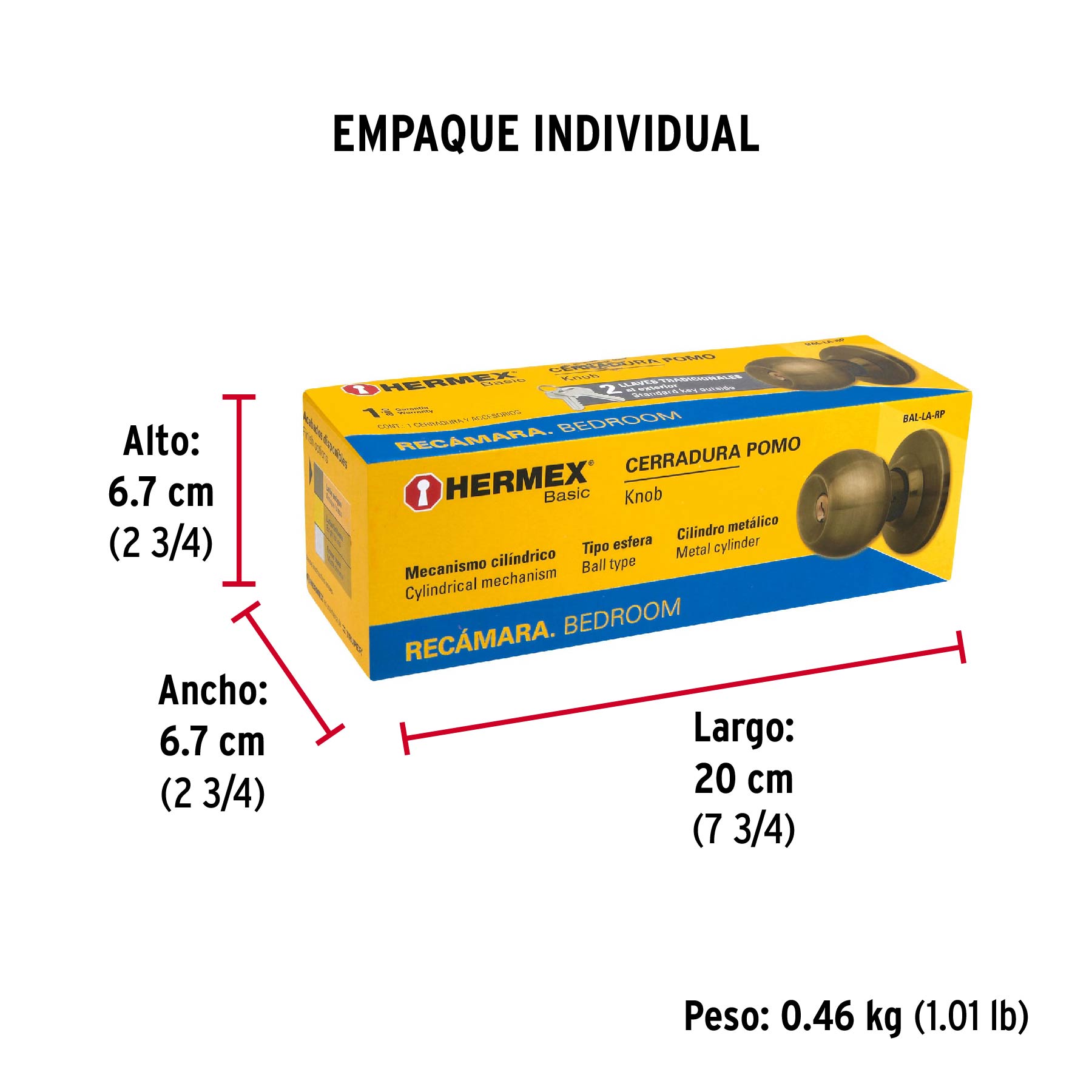 Cerradura pomo, LA, recámara, cilíndrica, Hermex Basic