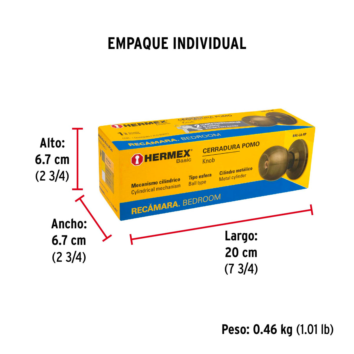 Cerradura pomo, LA, recámara, cilíndrica, Hermex Basic