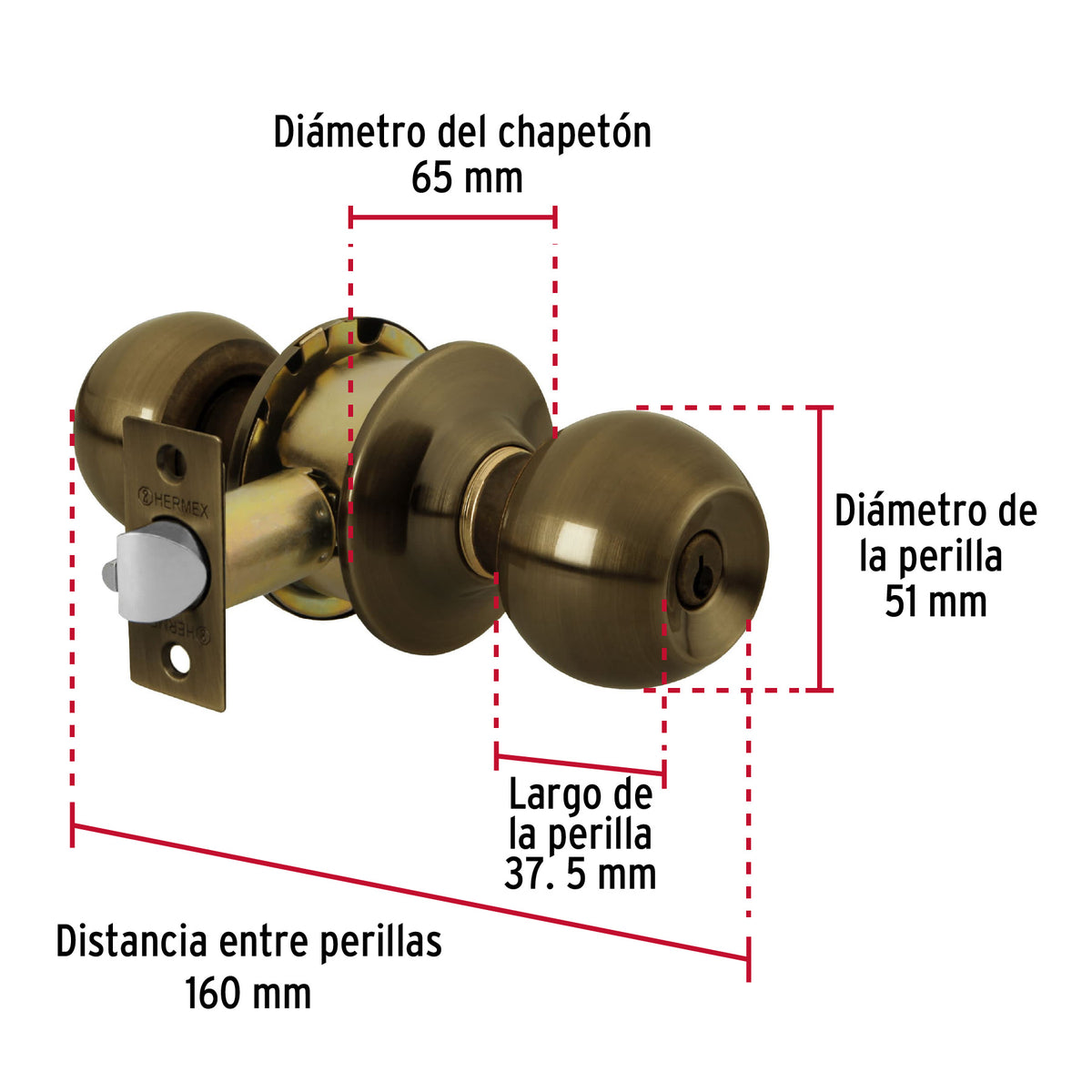 Cerradura pomo, LA, recámara, cilíndrica, Hermex Basic