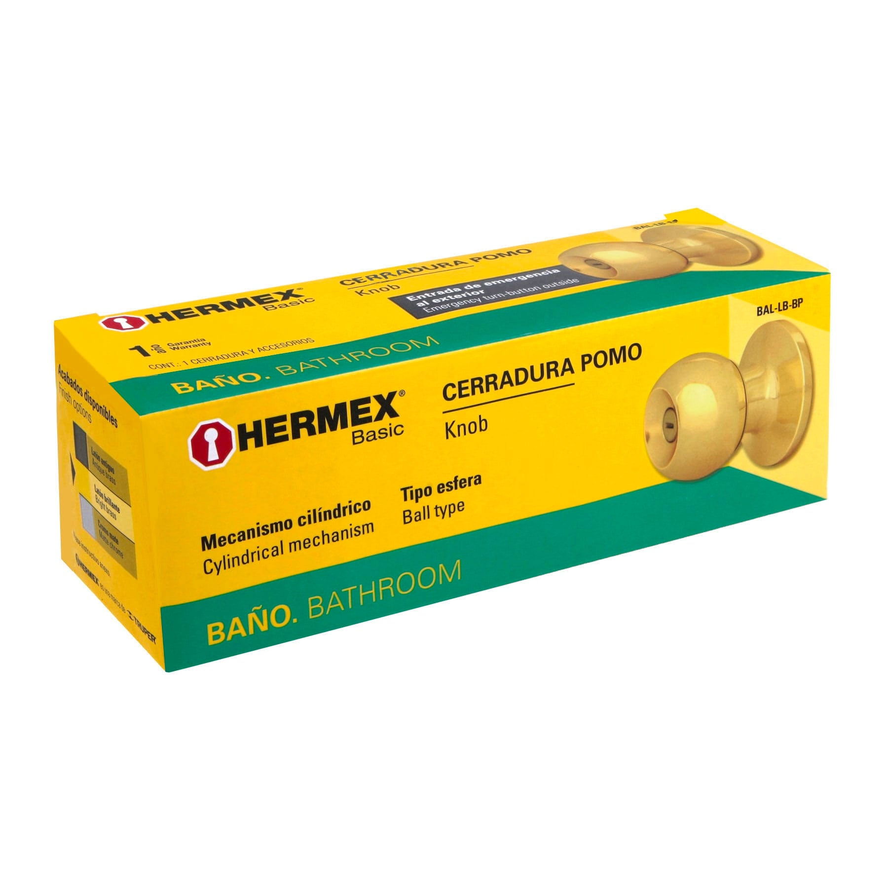 Cerradura pomo, LB, baño, cilíndrica, Hermex Basic