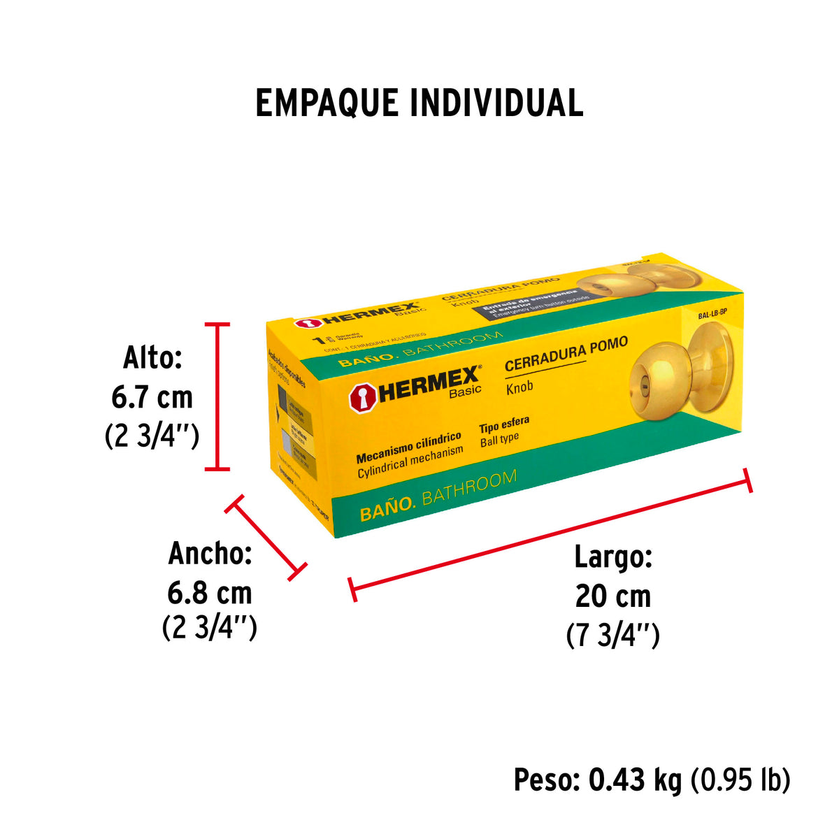 Cerradura pomo, LB, baño, cilíndrica, Hermex Basic