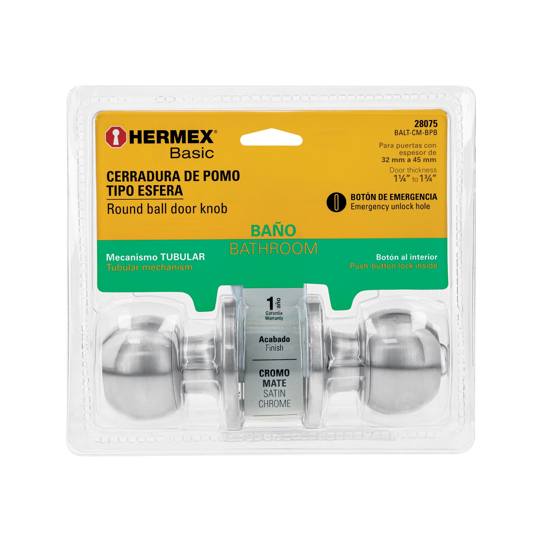 Cerradura esfera,tub,baño,cromo,Basic,blister