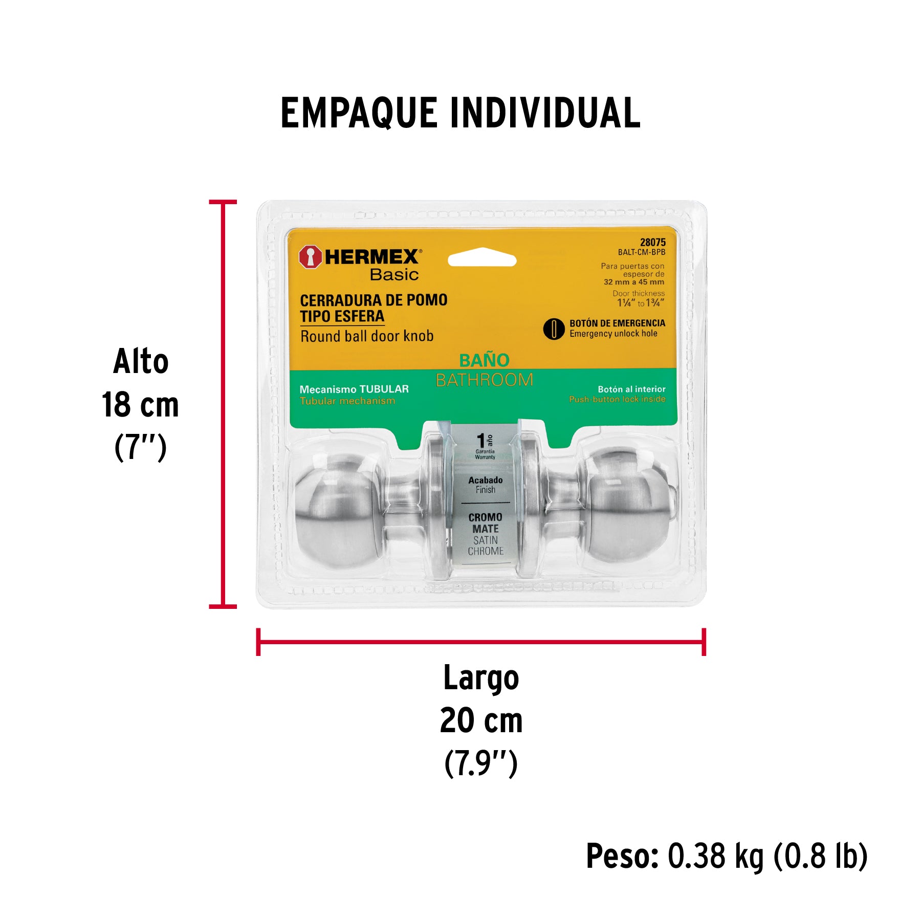 Cerradura esfera,tub,baño,cromo,Basic,blister