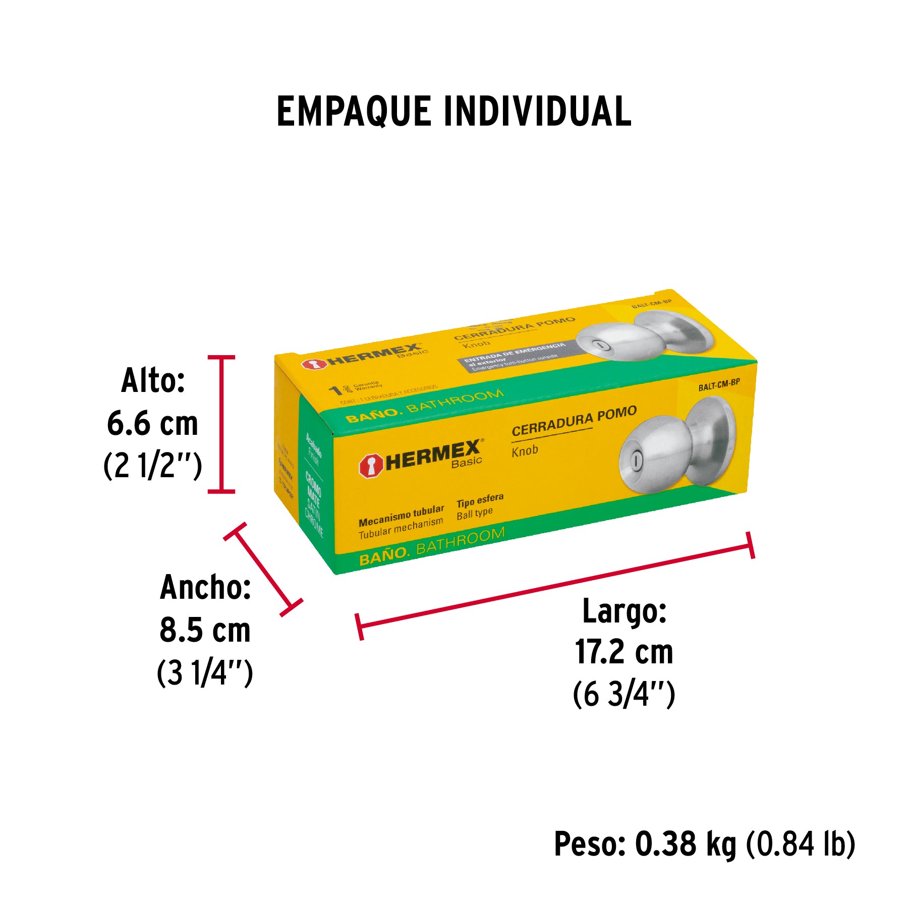 Cerradura pomo, CM, baño, tubular, Hermex Basic