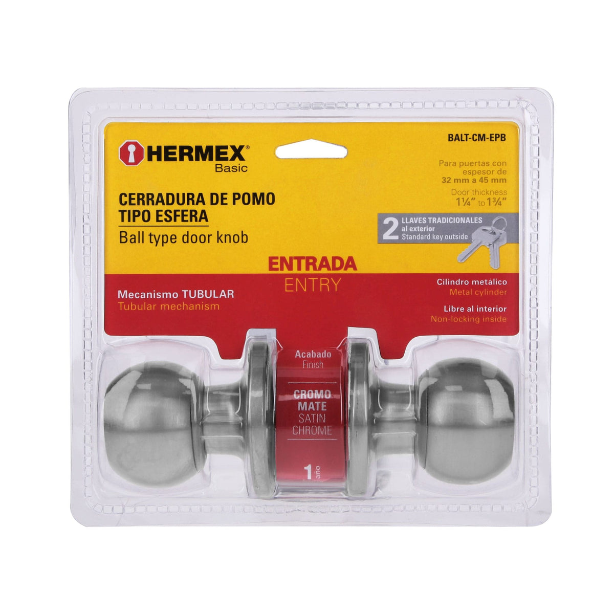 Cerradura esfera,tub,ent,cromo, Basic,blister