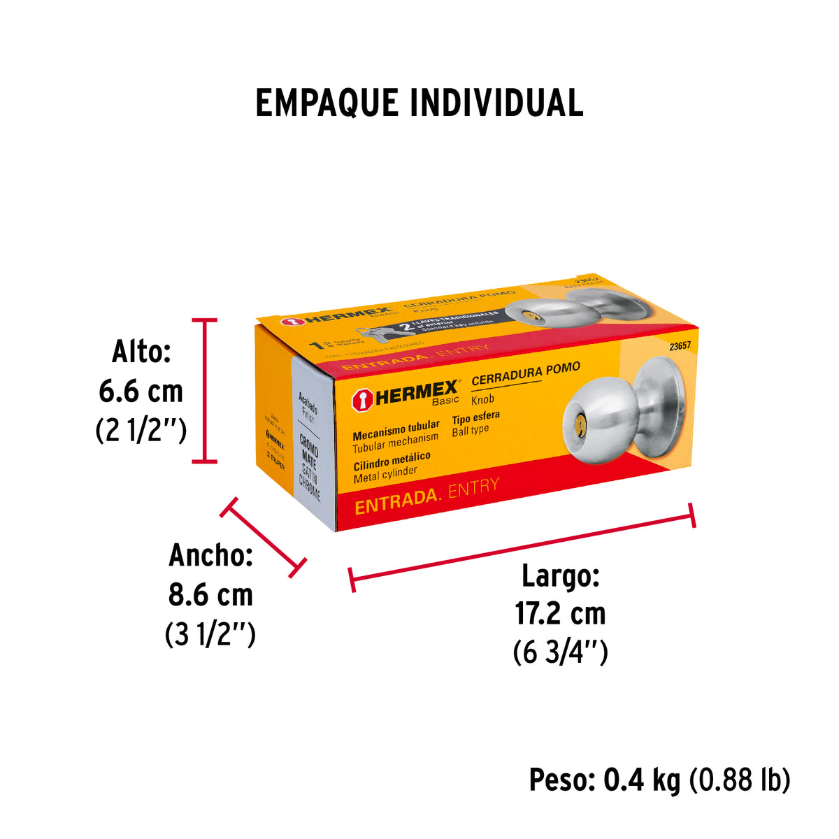 Cerradura pomo, CM, entrada, tubular, Hermex Basic