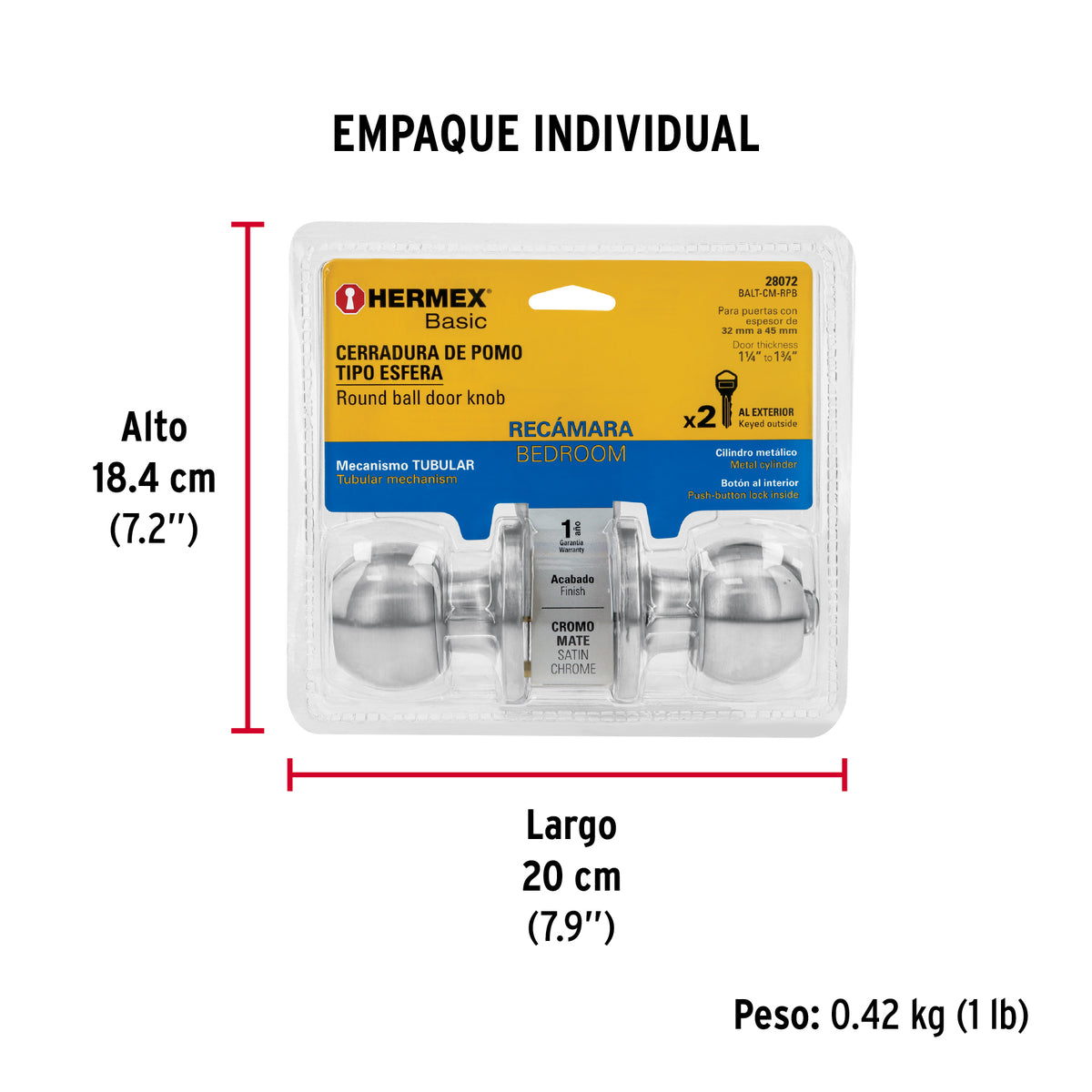 Cerradura esfera,tub,rec,cromo, Basic,blister