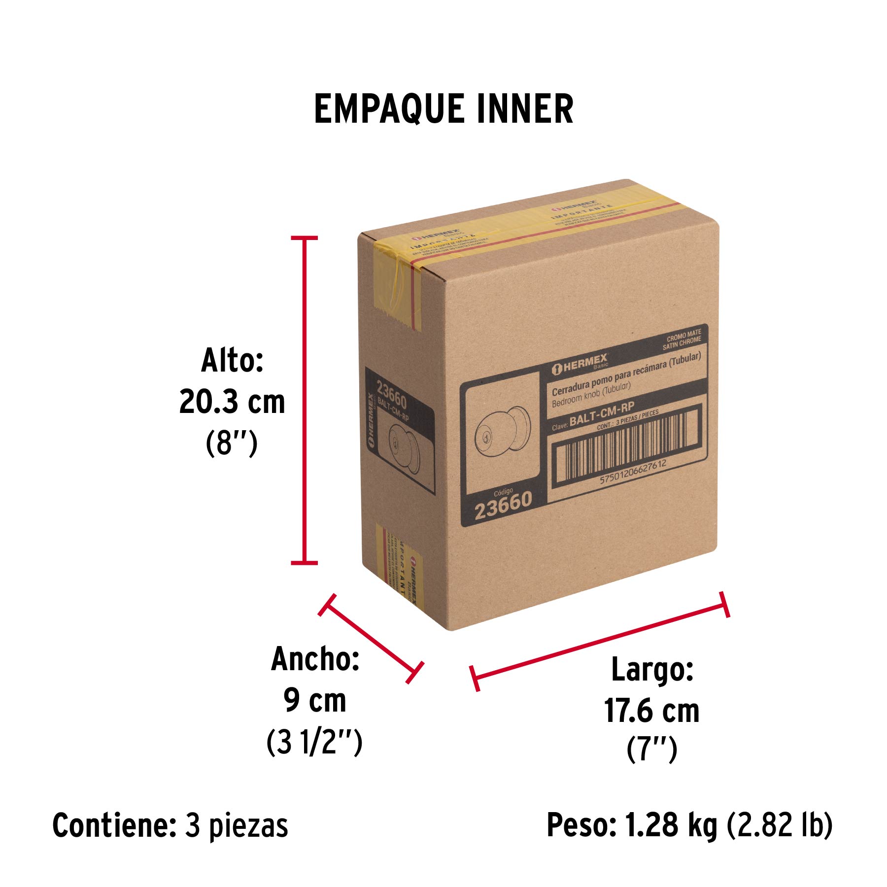 Cerradura pomo, CM, recámara, tubular, Hermex Basic