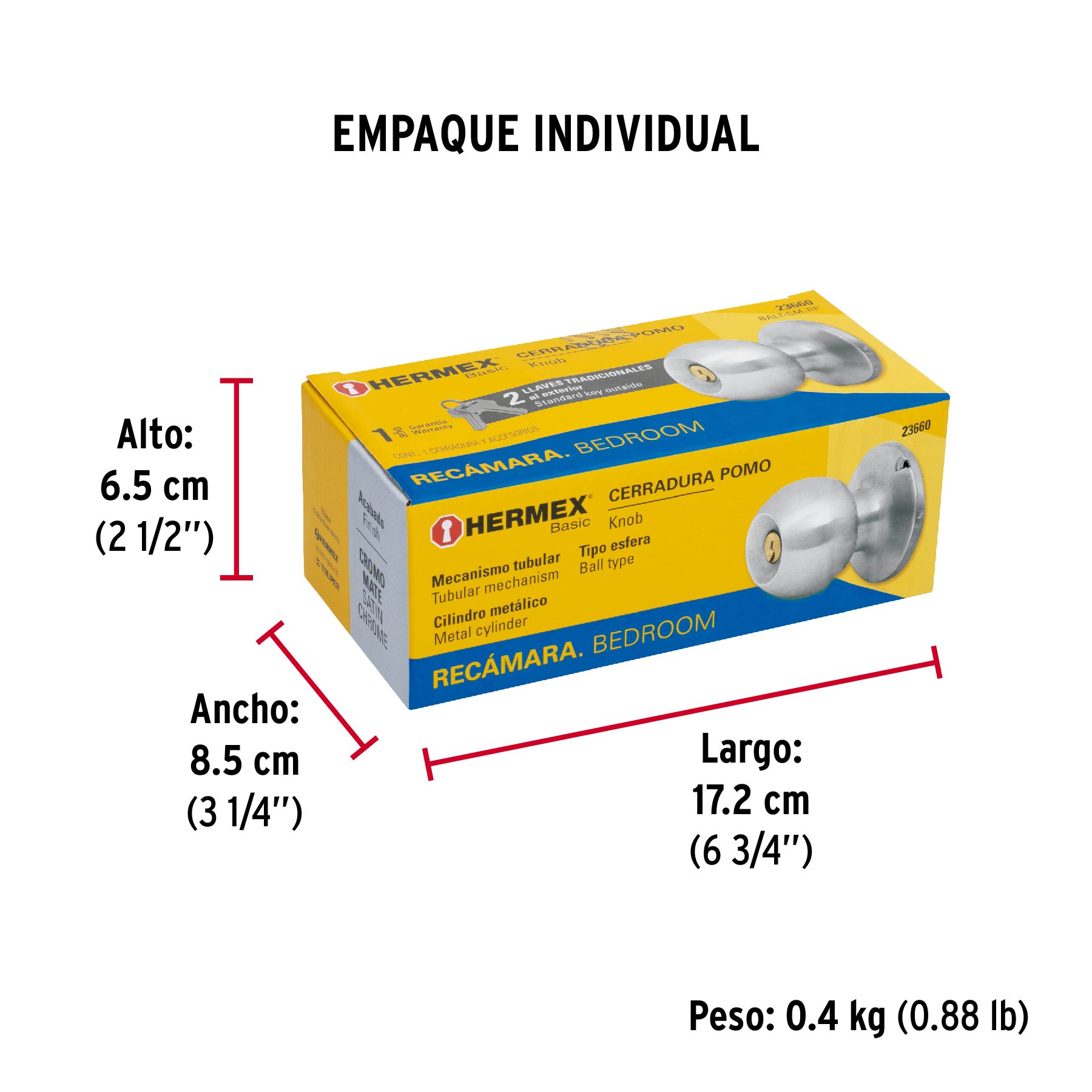 Cerradura pomo, CM, recámara, tubular, Hermex Basic