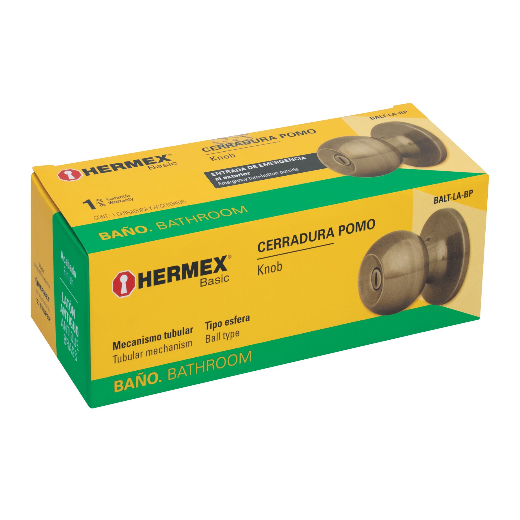 Cerradura pomo, LA, baño, tubular, Hermex Basic