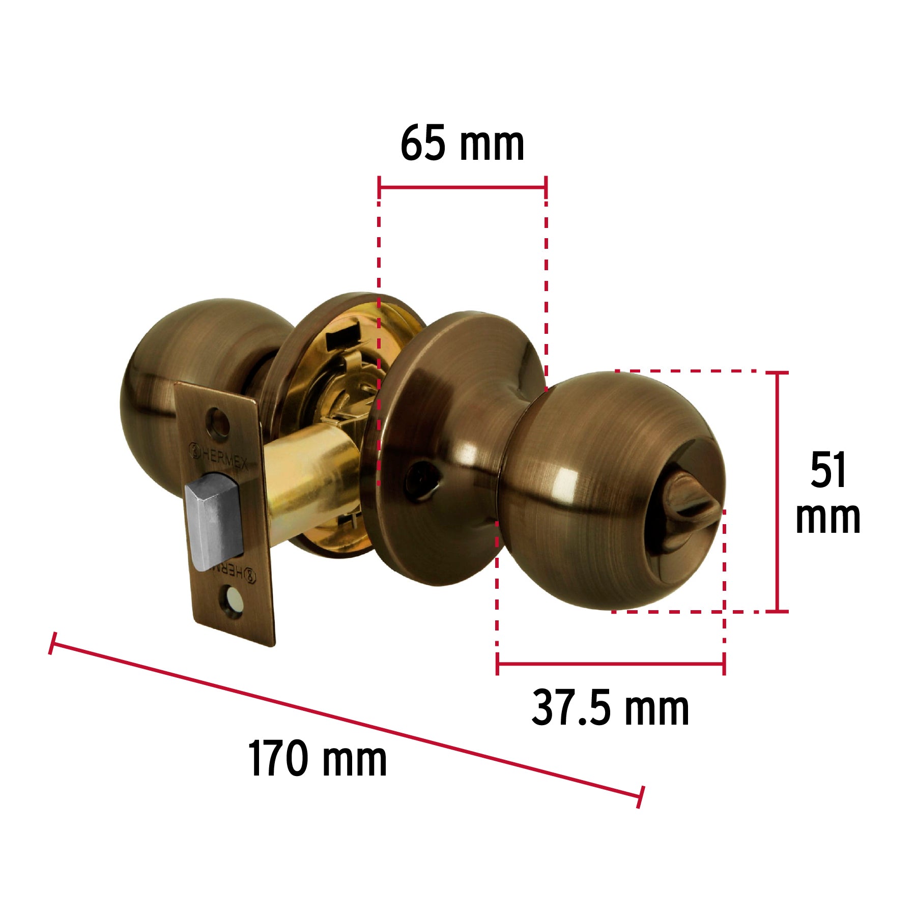 Cerradura pomo, LA, baño, tubular, Hermex Basic