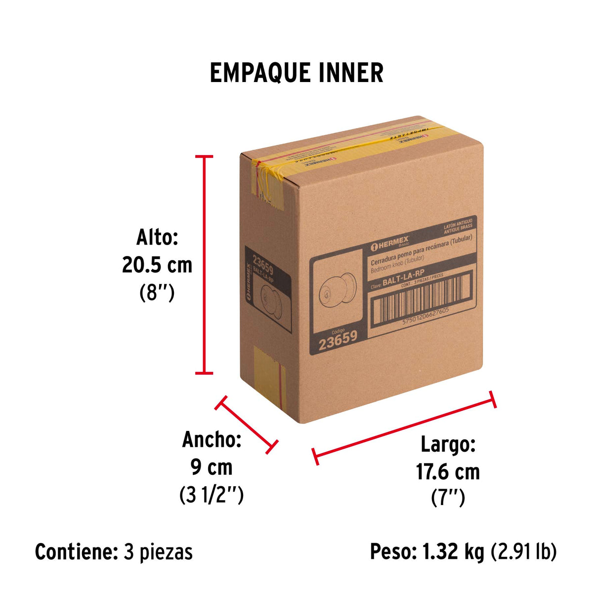 Cerradura pomo, LA, recámara, tubular, Hermex Basic