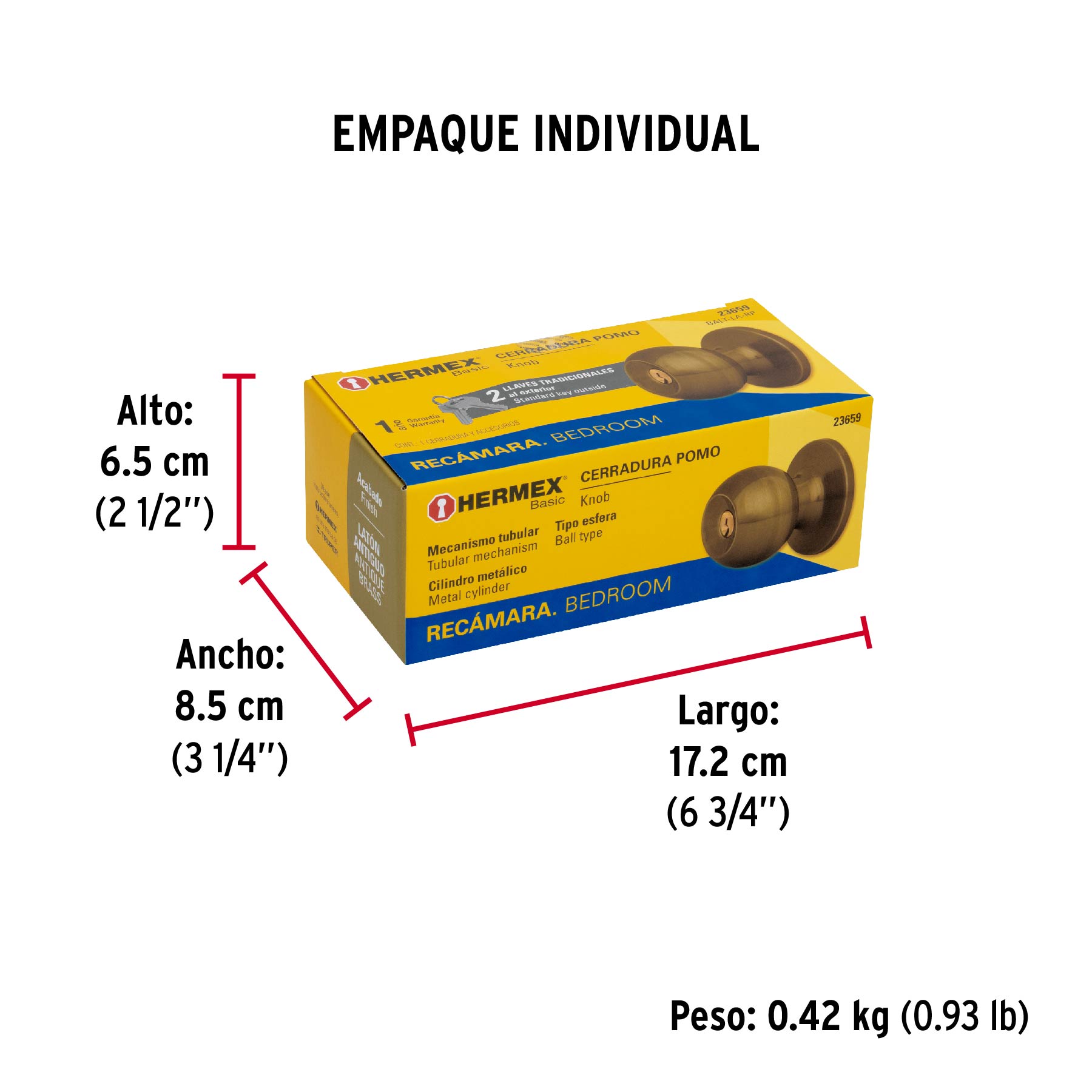 Cerradura pomo, LA, recámara, tubular, Hermex Basic