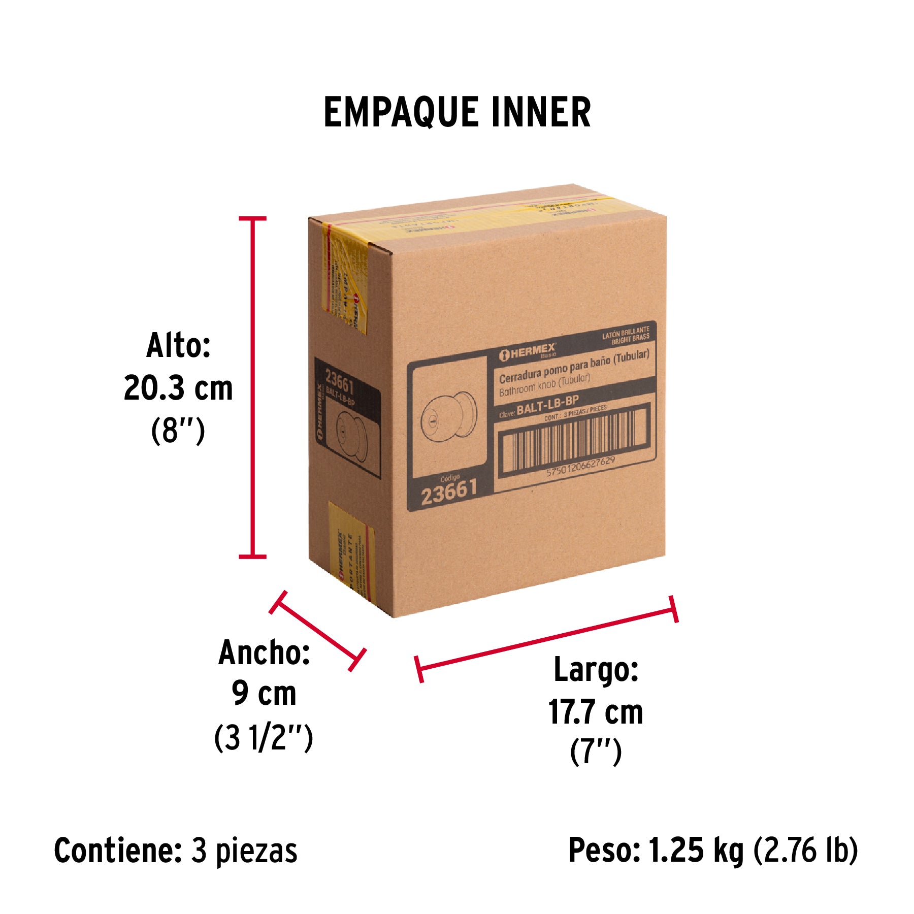 Cerradura pomo, LB, baño, tubular, Hermex Basic