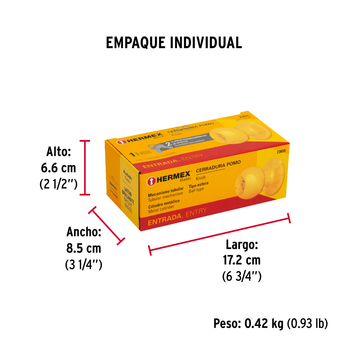 Cerradura pomo, LB, entrada, tubular, Hermex Basic