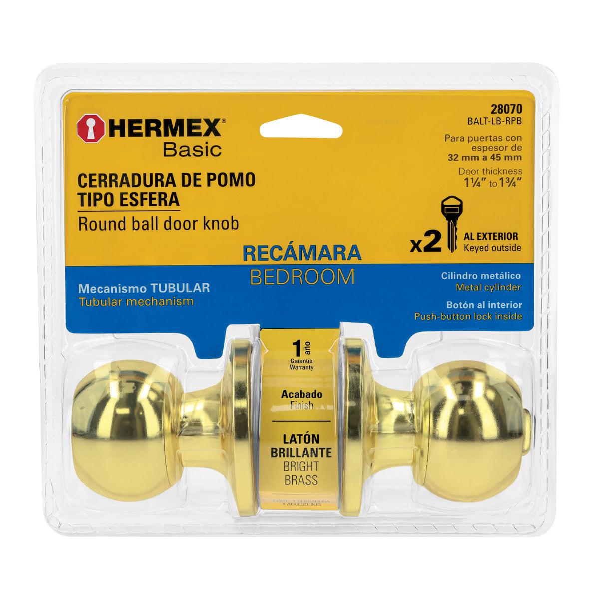 Cerradura esfera,tub,rec,brill, Basic,blister