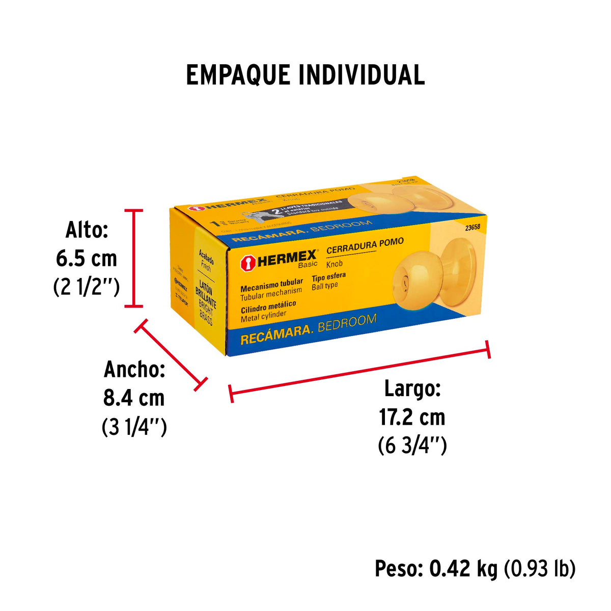 Cerradura pomo, LB, recámara, tubular, Hermex Basic