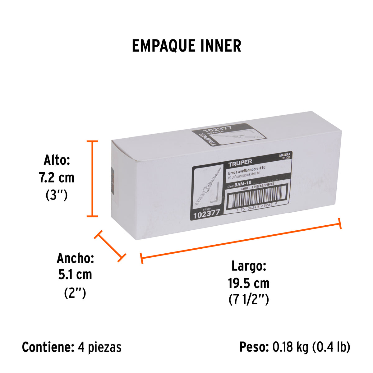 Broca avellanadora #10 para madera, 3/16', Truper