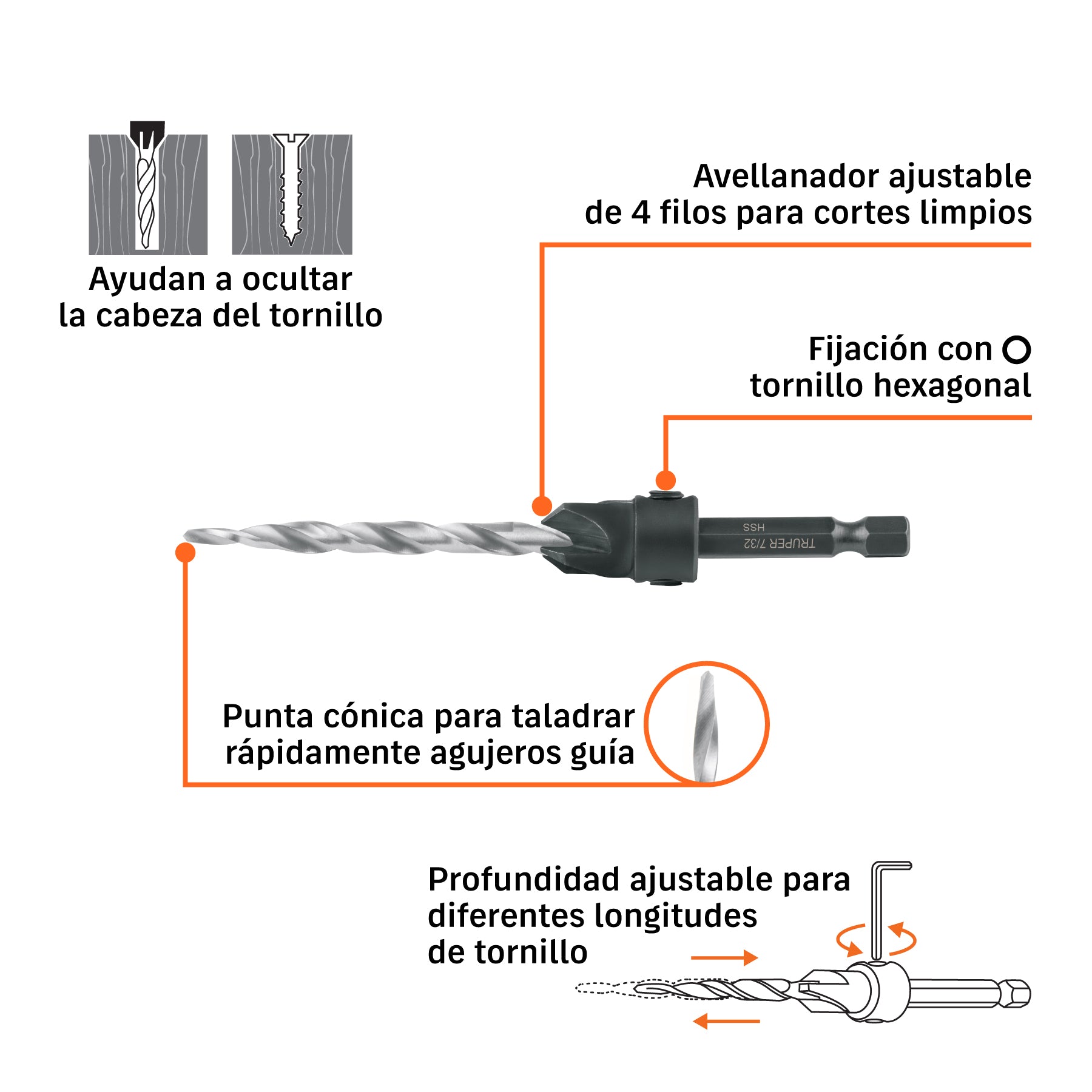 Broca avellanadora #12 para madera, 7/32', TRUPER