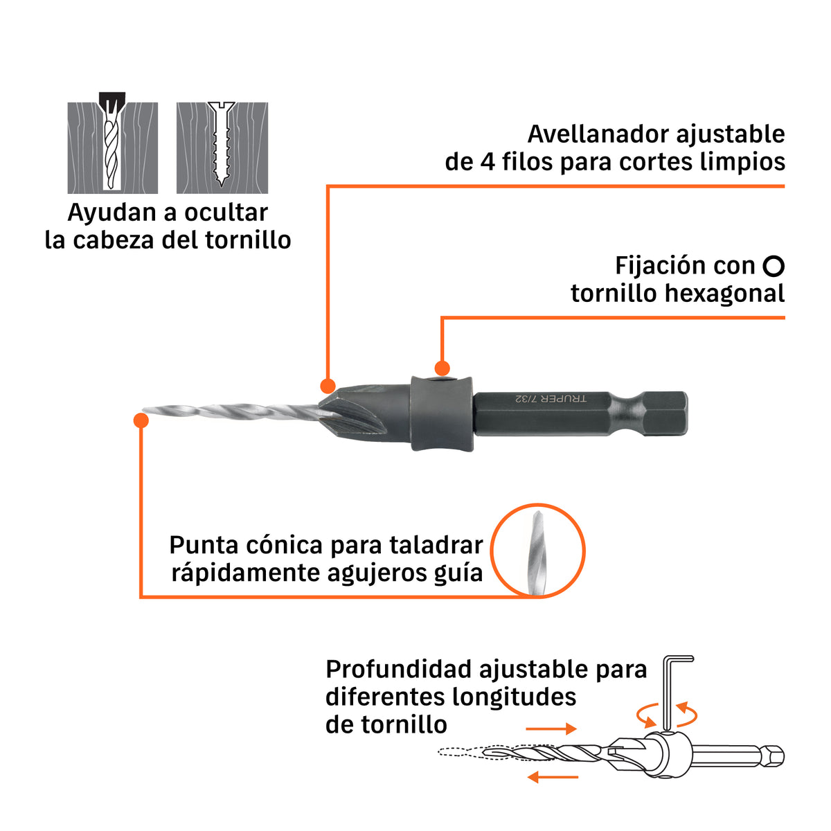 Broca avellanadora #4 para madera, 7/64',TRUPER