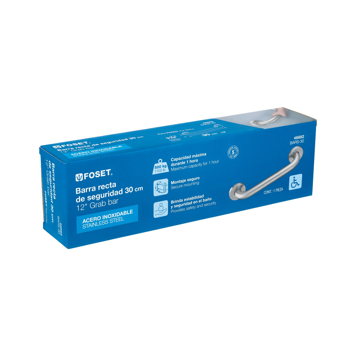 Barra recta de seguridad, acero inox, 1-1/4' x 30cm, Foset