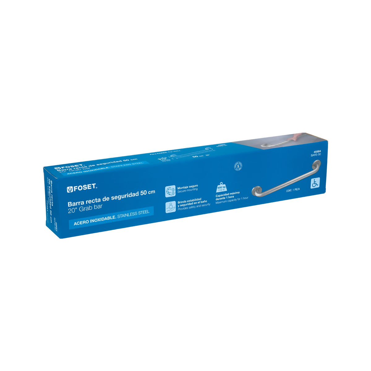Barra recta de seguridad, acero inox, 1-1/4' x 50cm, Foset