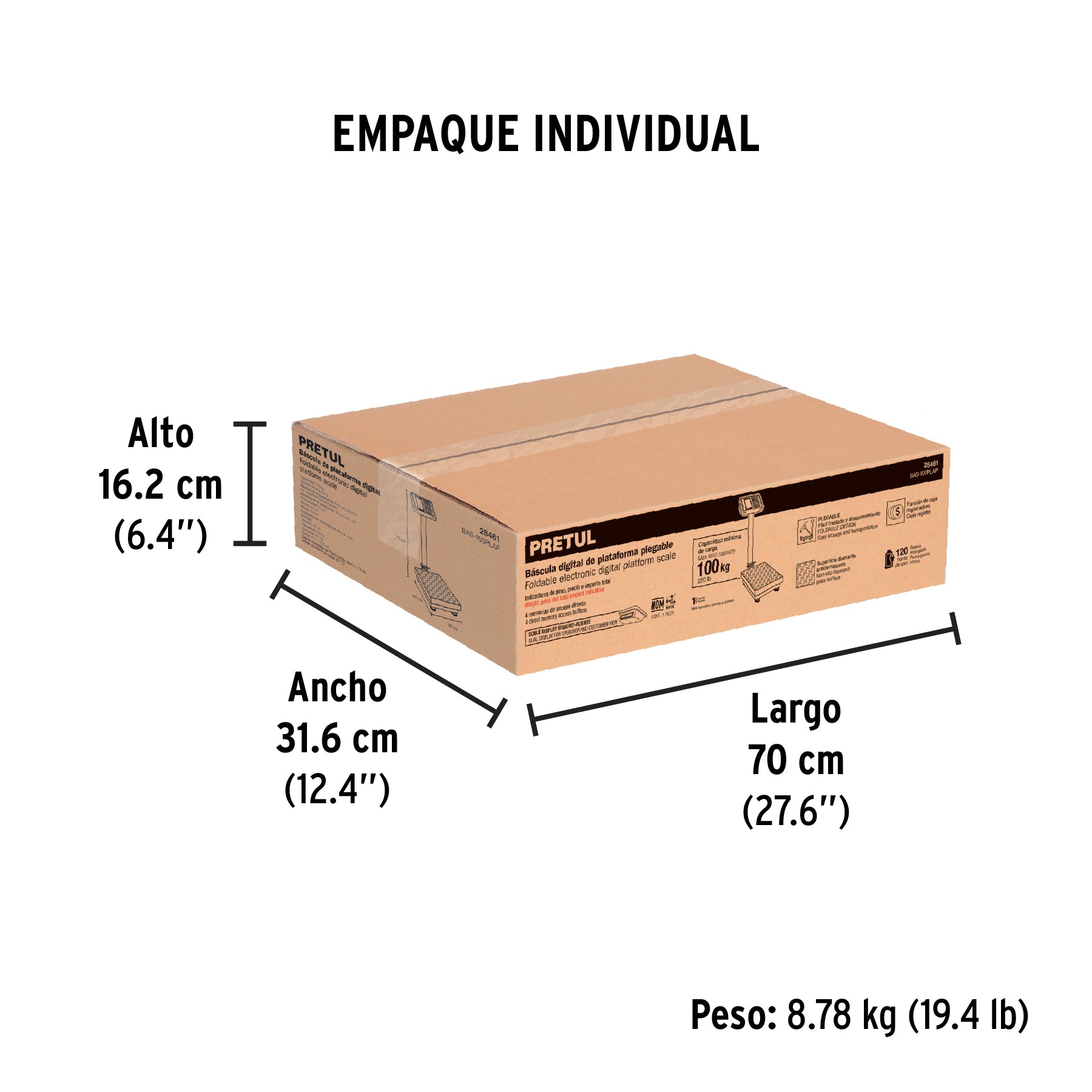 Báscula electrónica de plataforma, plegable, 100 kg. Pretul