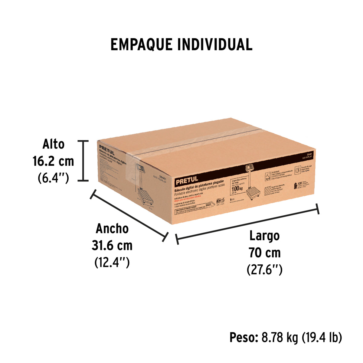 Báscula electrónica de plataforma, plegable, 100 kg. Pretul
