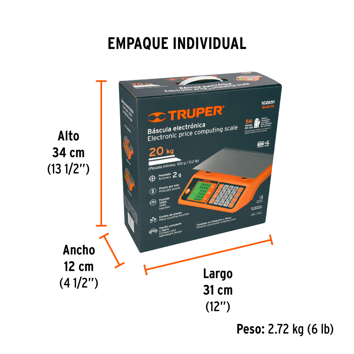 Báscula elctrónica multifunciones capacidad 20kg, Truper