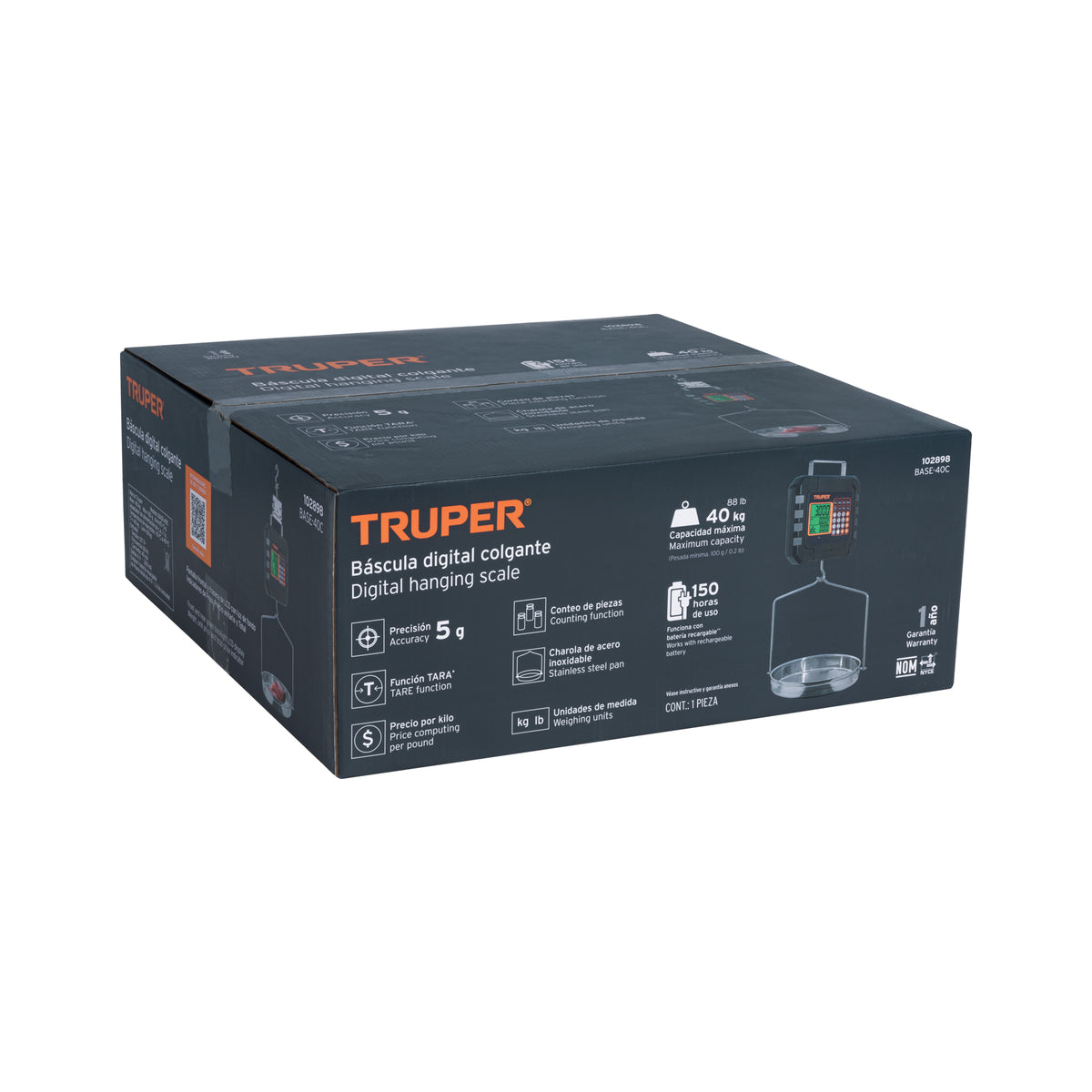 Báscula electrónica colgante, recargable, c/charola, 40 kg