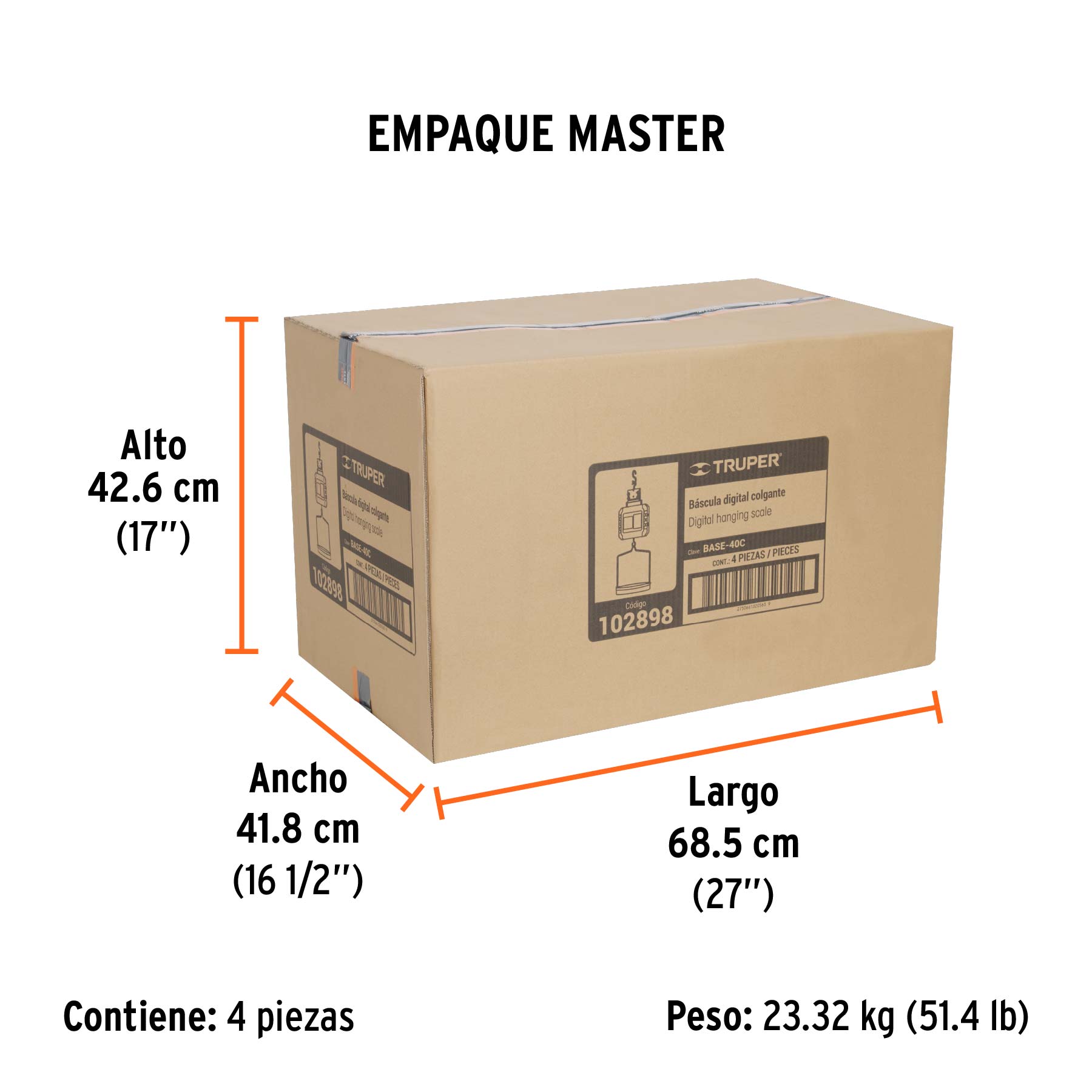 Báscula electrónica colgante, recargable, c/charola, 40 kg