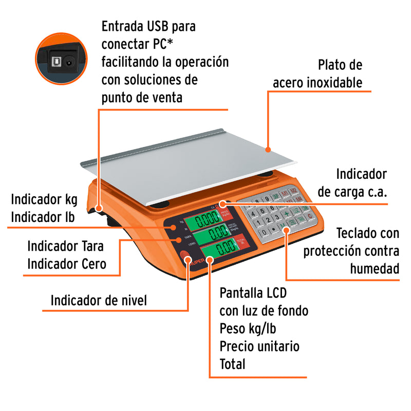 Báscula electrónica multifunciones 40 kg USB, Truper