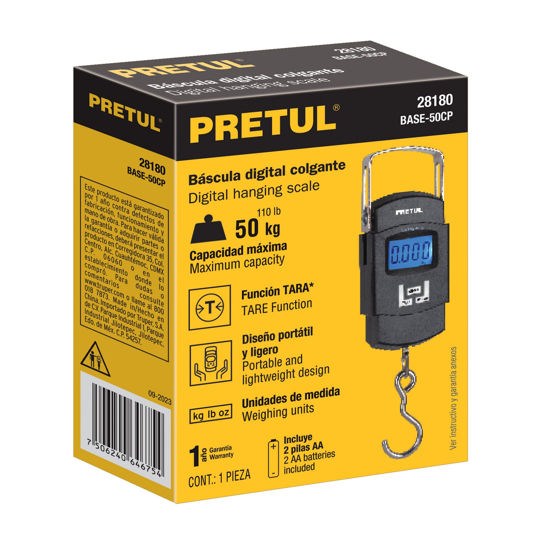 Báscula electrónica colgante, de pilas, 50 kg, Pretul