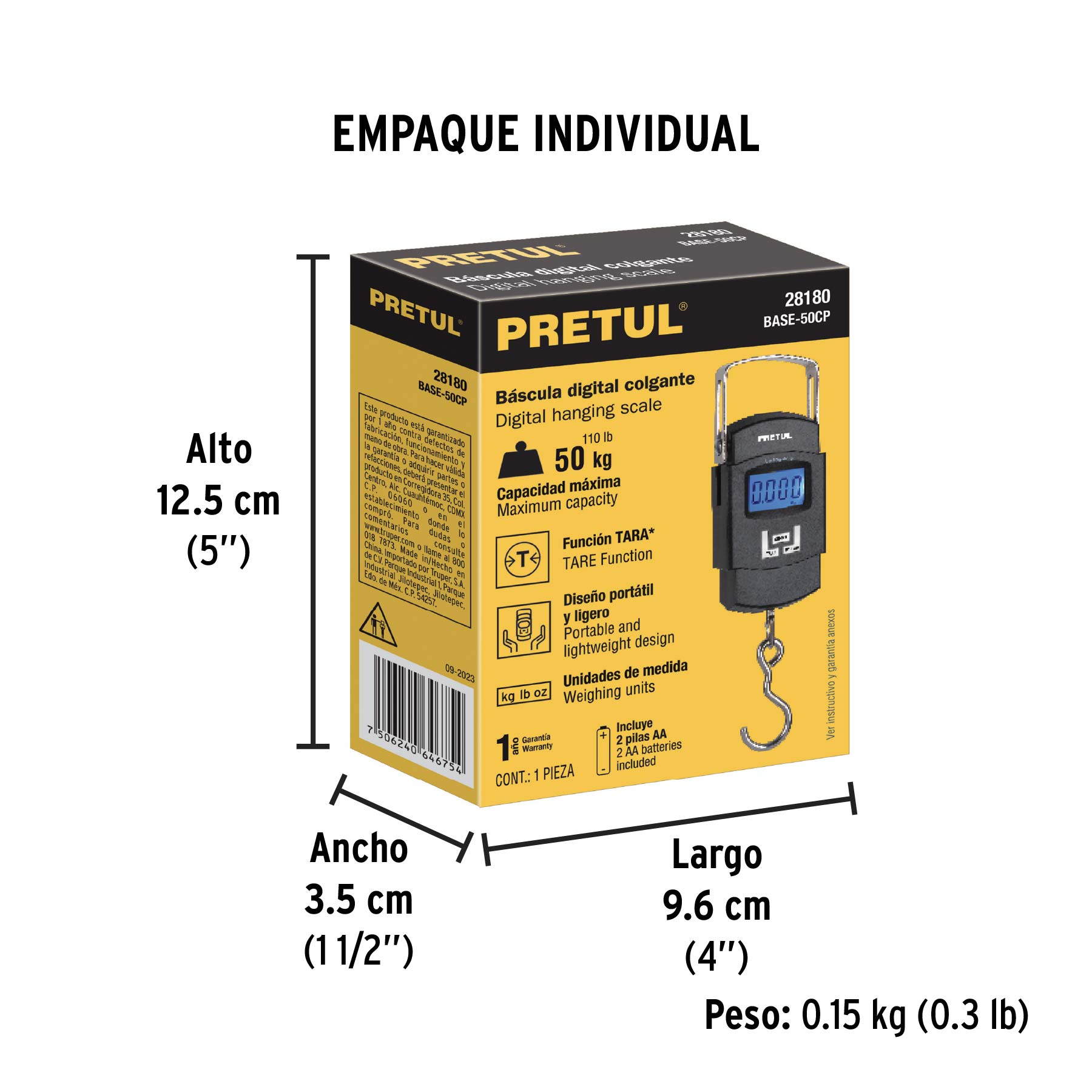 Báscula electrónica colgante, de pilas, 50 kg, Pretul