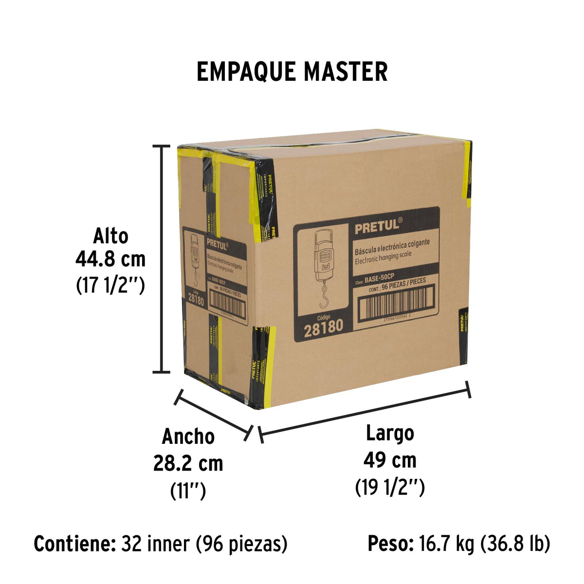 Báscula electrónica colgante, de pilas, 50 kg, Pretul
