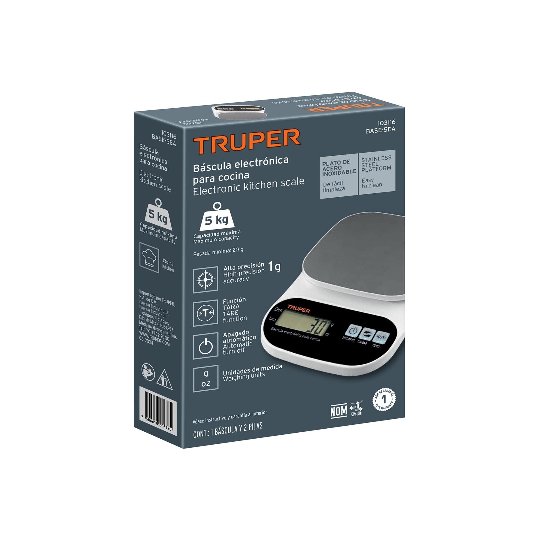 Báscula digital para cocina, plato de acero inox,5kg, Truper