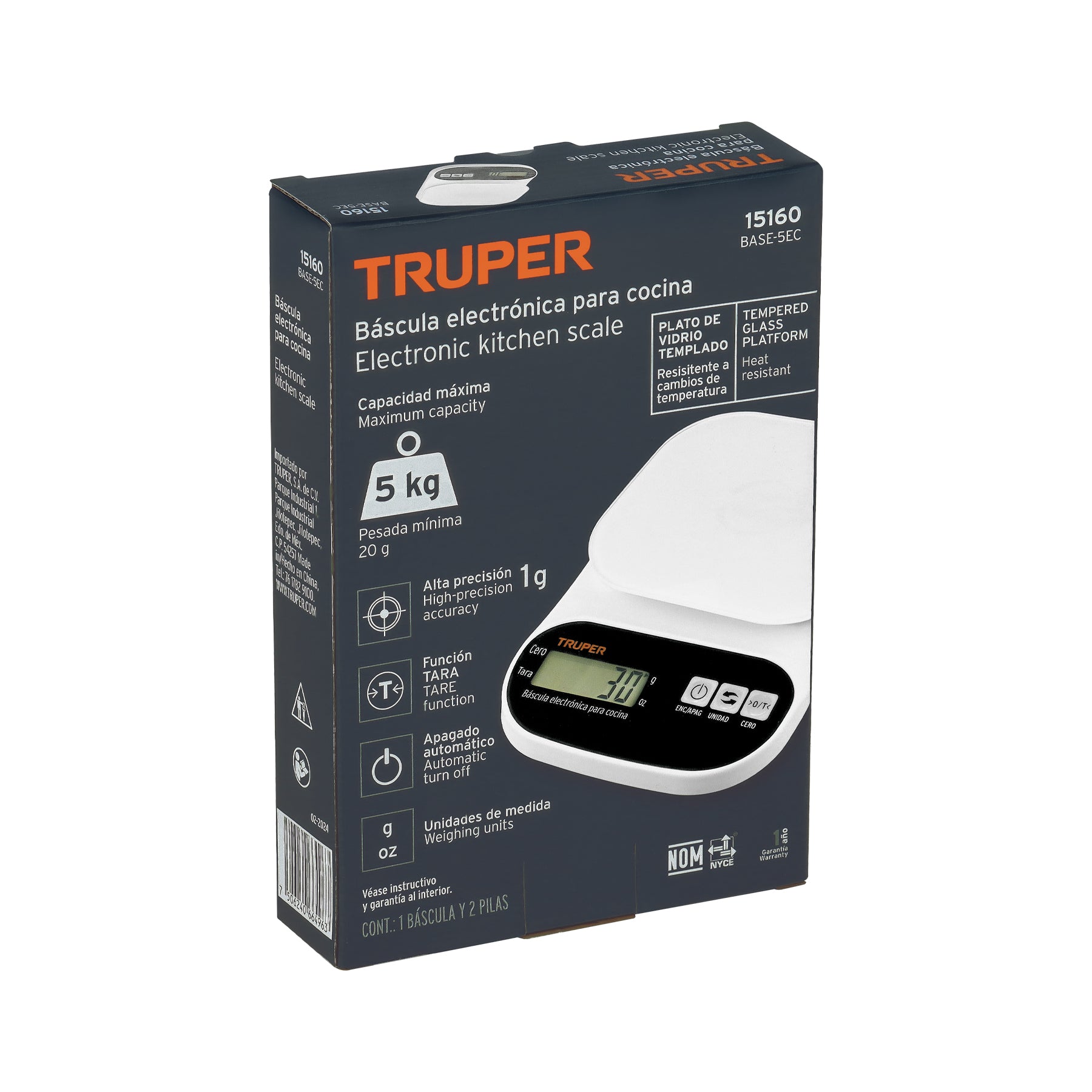 Báscula digital base de vidrio para cocina, capacidad 5kg