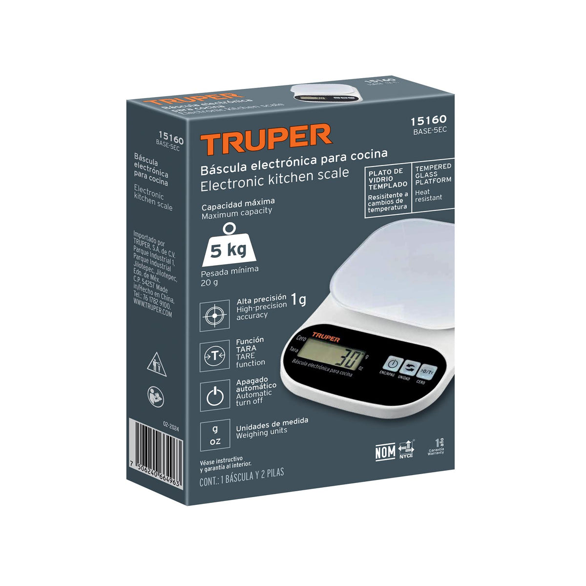 Báscula digital base de vidrio para cocina, capacidad 5kg