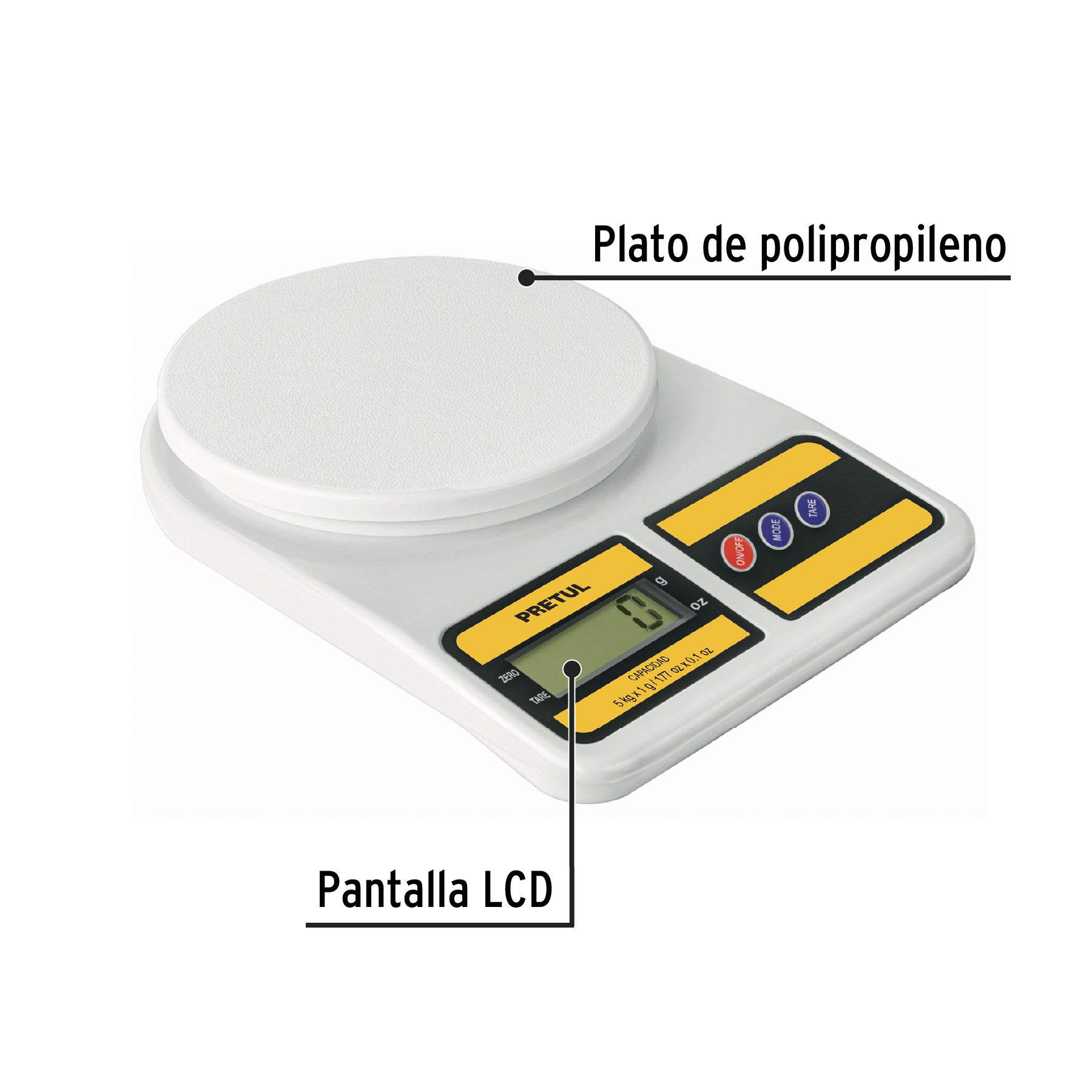 Báscula digital para cocina, plato de poliprop, 5 kg, Pretul