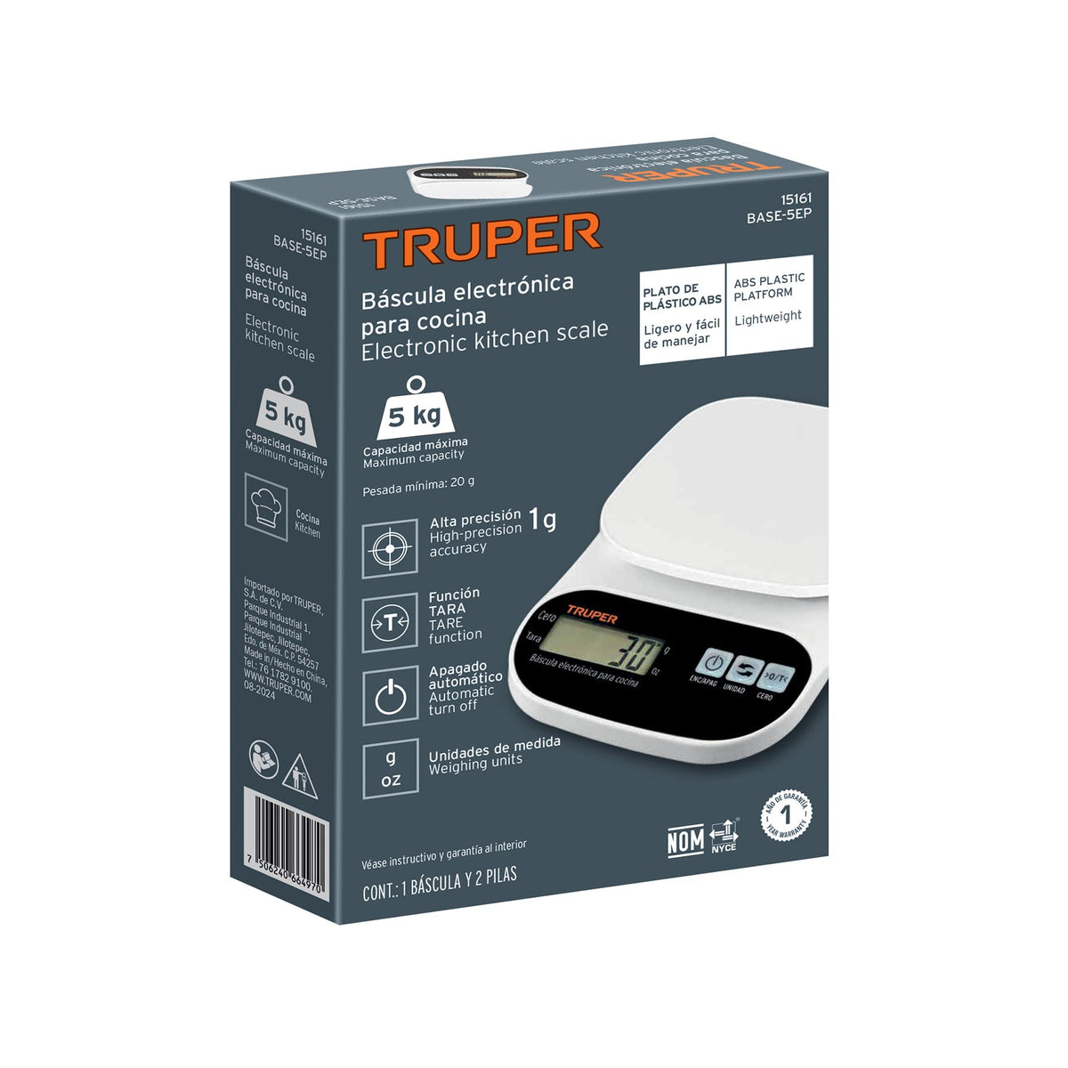 Báscula digital base plástica para cocina capacidad 5kg
