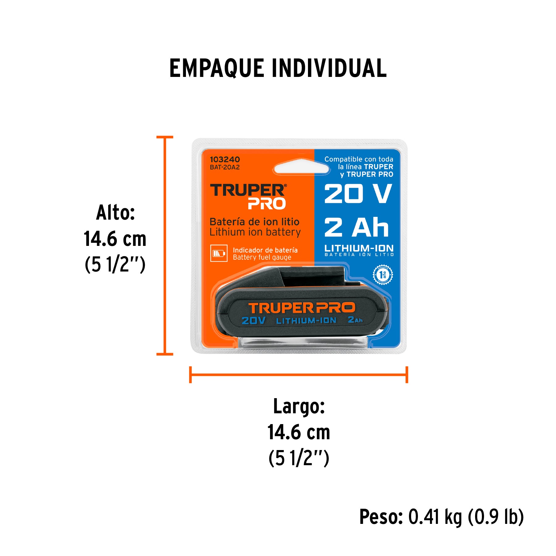 Batería ion litio, 20V, 2 Ah, TRUPER PRO