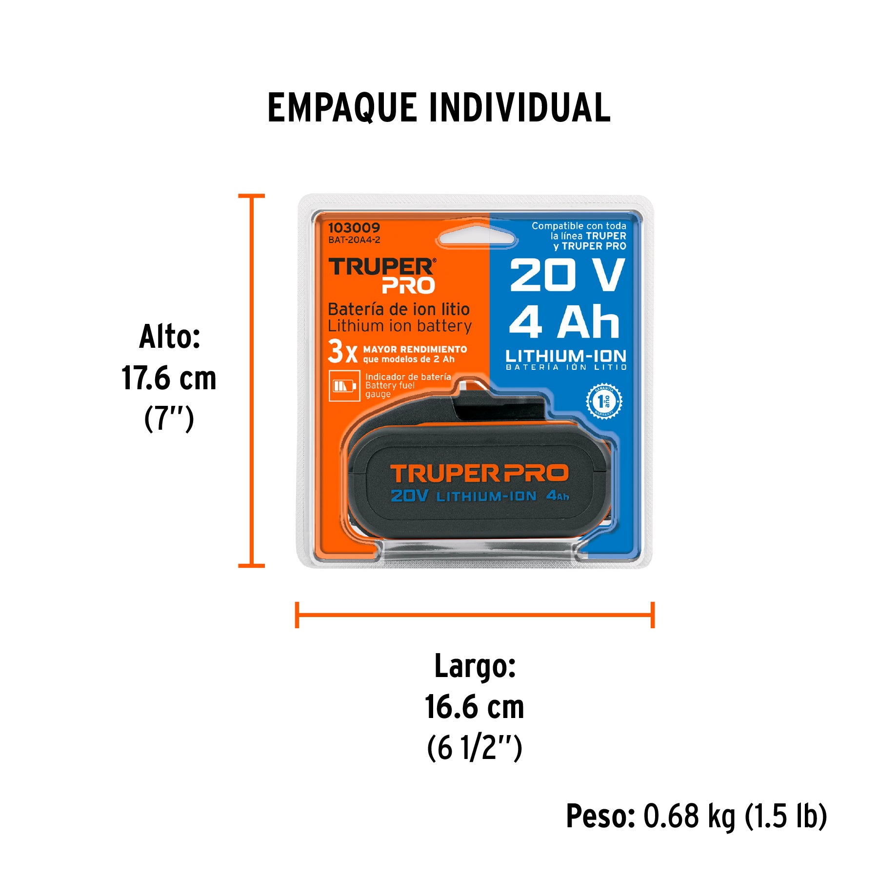 Batería ion litio, 20V, 4 Ah, TRUPER PRO