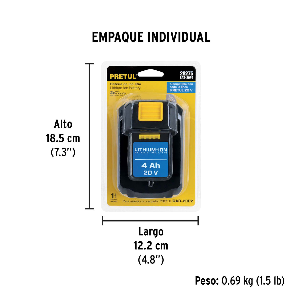 Batería ión Litio 20 V, 4 Ah, Pretul