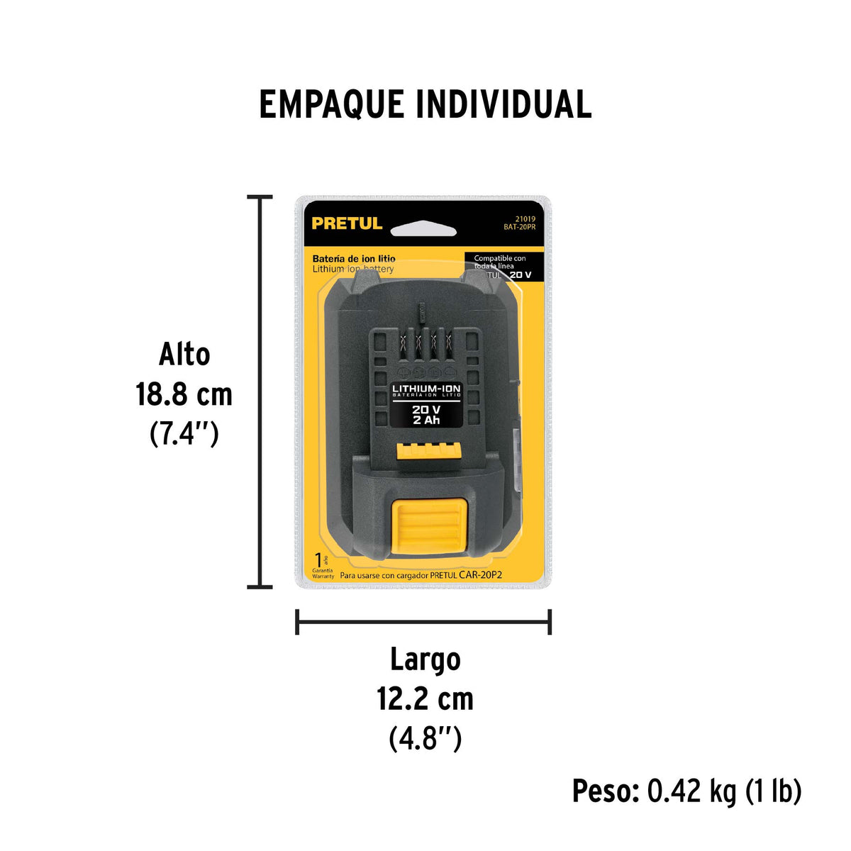 Batería ión litio, 20 V para rotomartillo ROTI-20P, Pretul