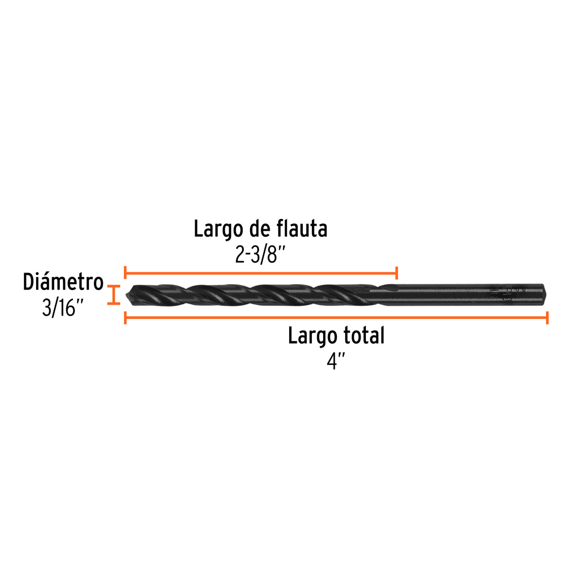 Broca de alta velocidad, oxido negro, 3/16"