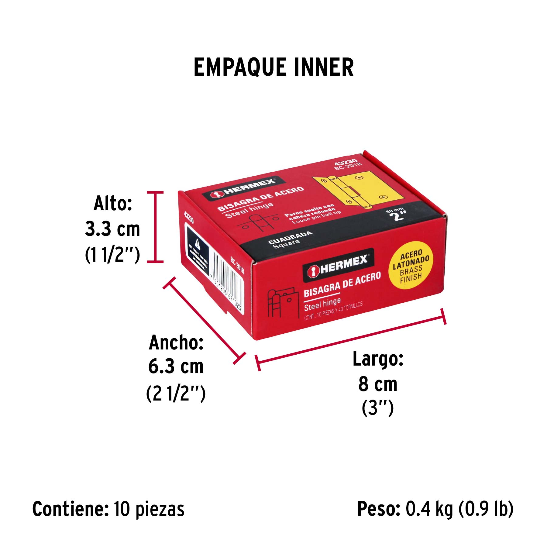Bisagra cuadrada 2", acero latonado, redonda