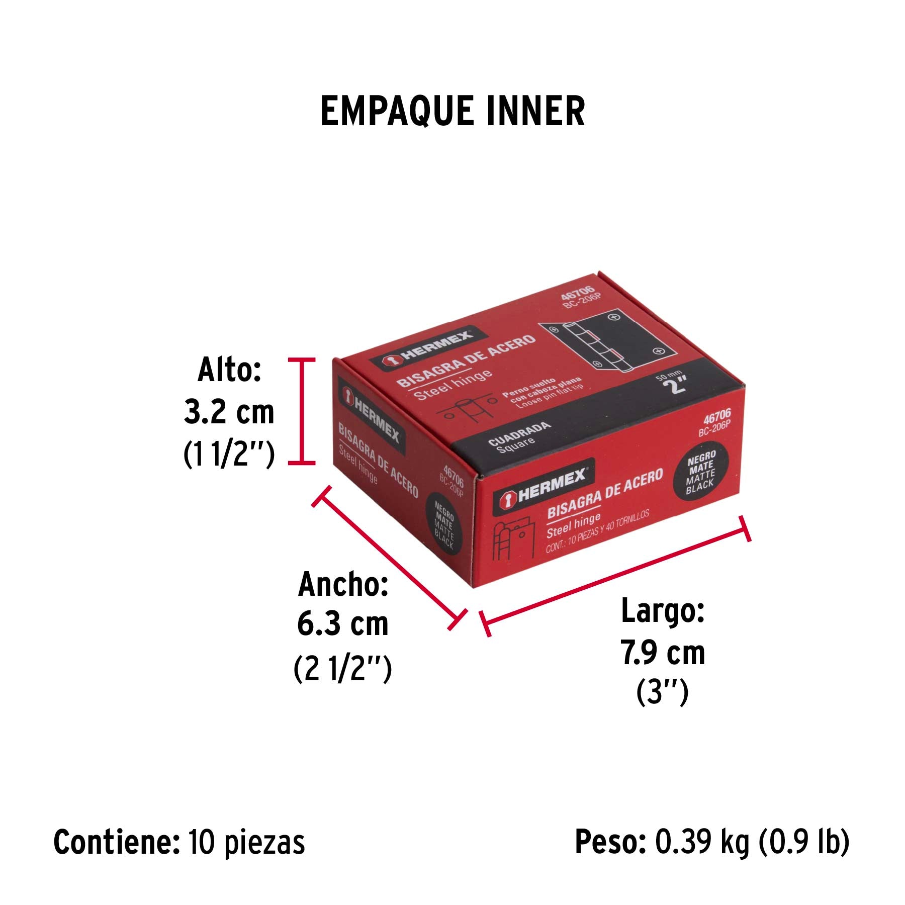 Bisagra cuadrada 2' acero negro, cabeza plana, Hermex