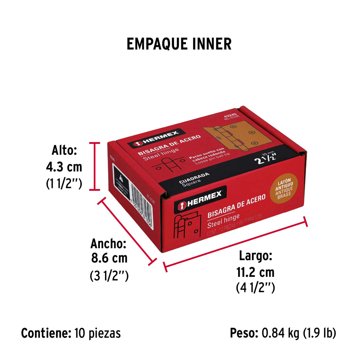 Bisagra cuadrada 2-1/2", acero latonado antiguo, redonda