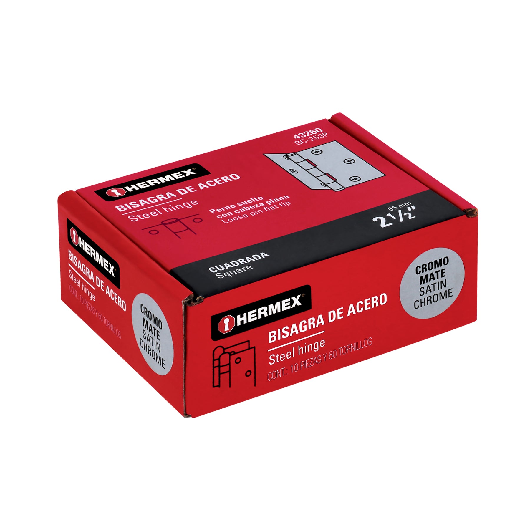 Bisagra cuadrada 2-1/2", acero cromo mate, plana